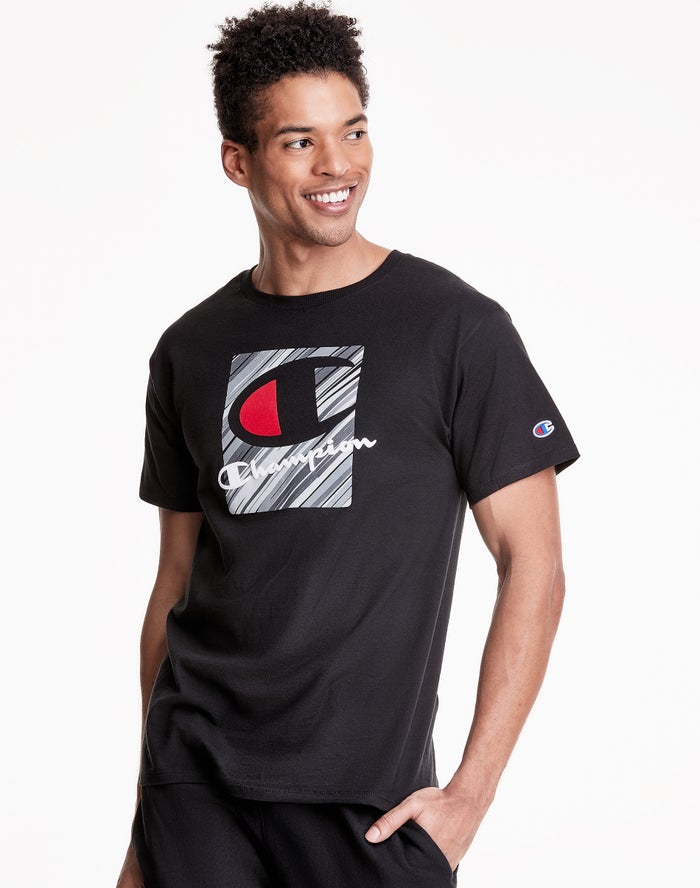 Champion Mens T-Shirt NZ - Classic Jersey Inset Rectangle Logo Black ( 8357-CVYXG )